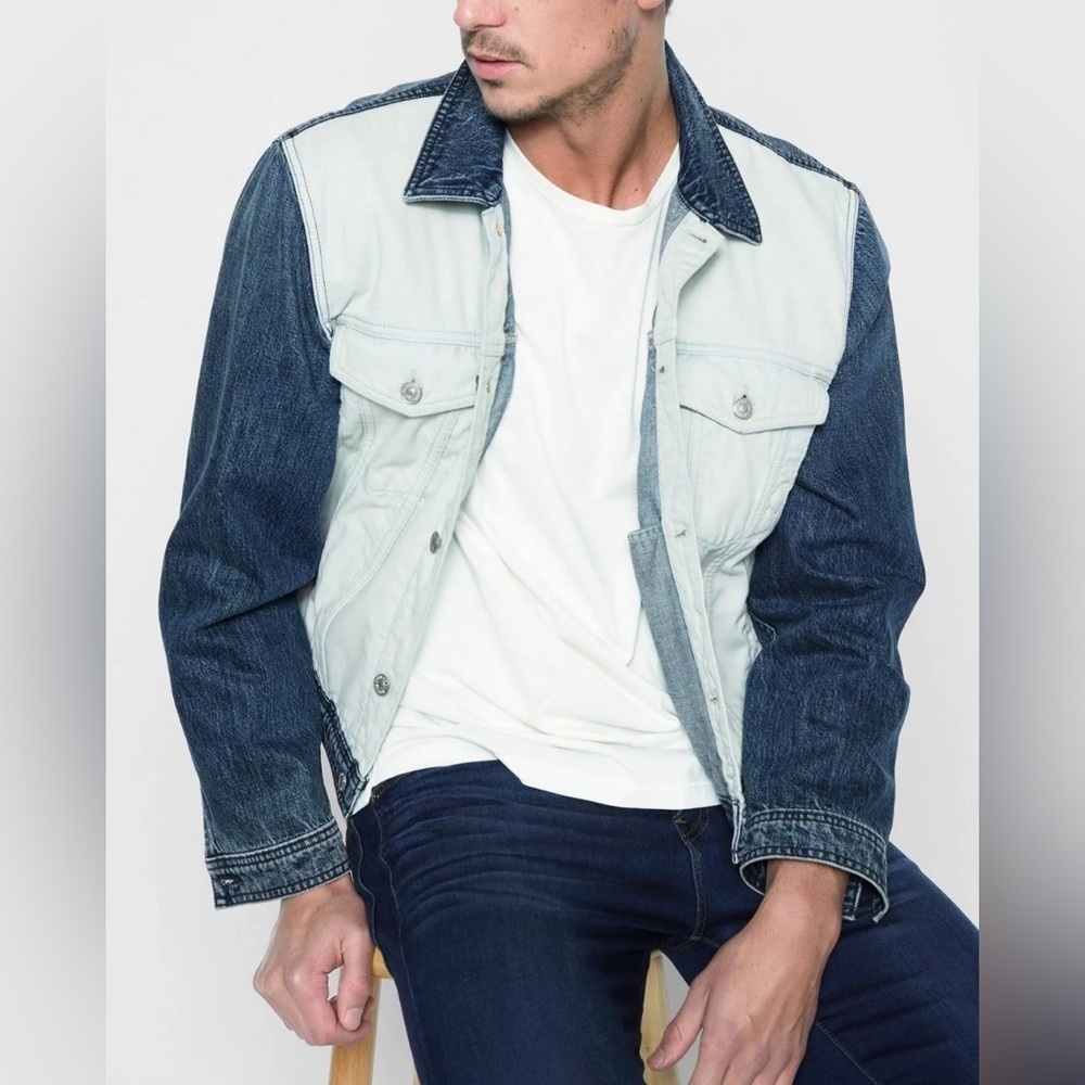 7 For All Mankind NWT Mens XS Blue Color Block Denim Jeans Trucker Jacket‎ 90s